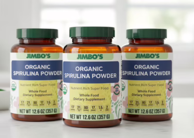 3 bottle mocp up of spirulina powder